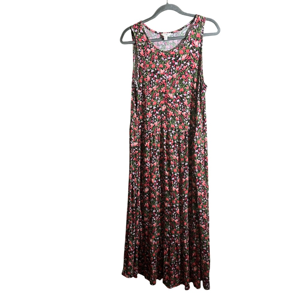 Terra & Sky Womens Floral Sleeveless Tiered Midi Dress Pink Black 0X 14W